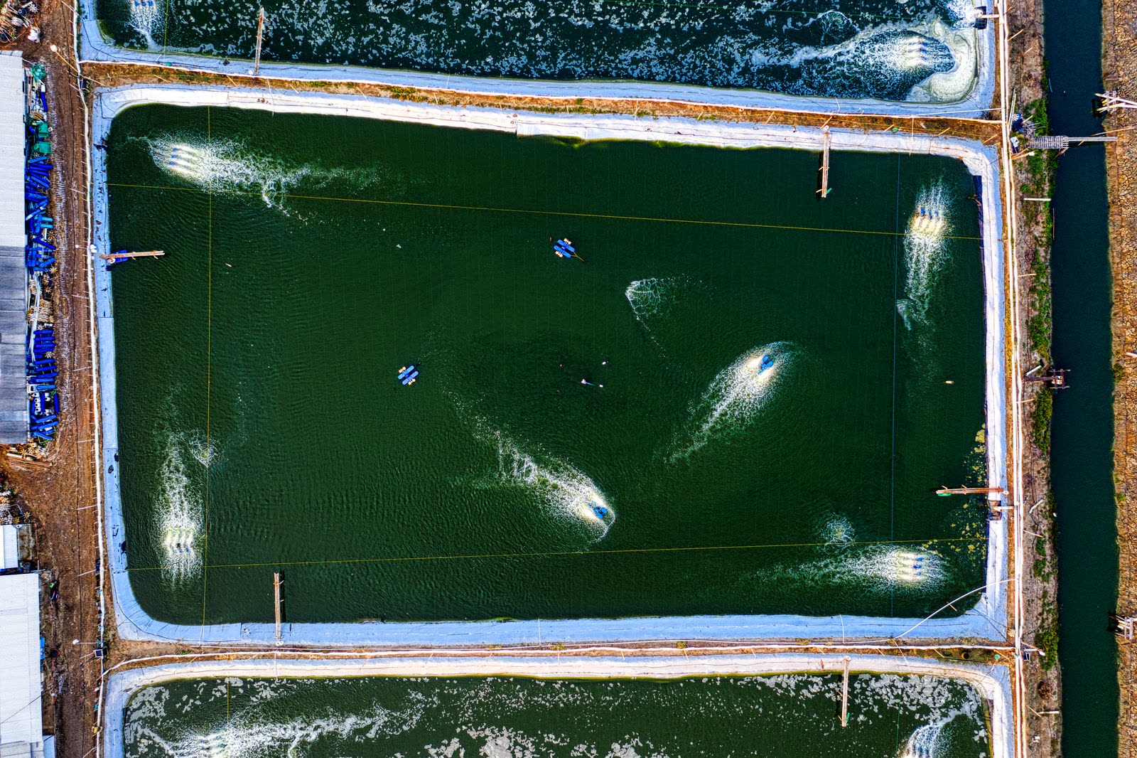 Aerial view of lined aquaculture ponds